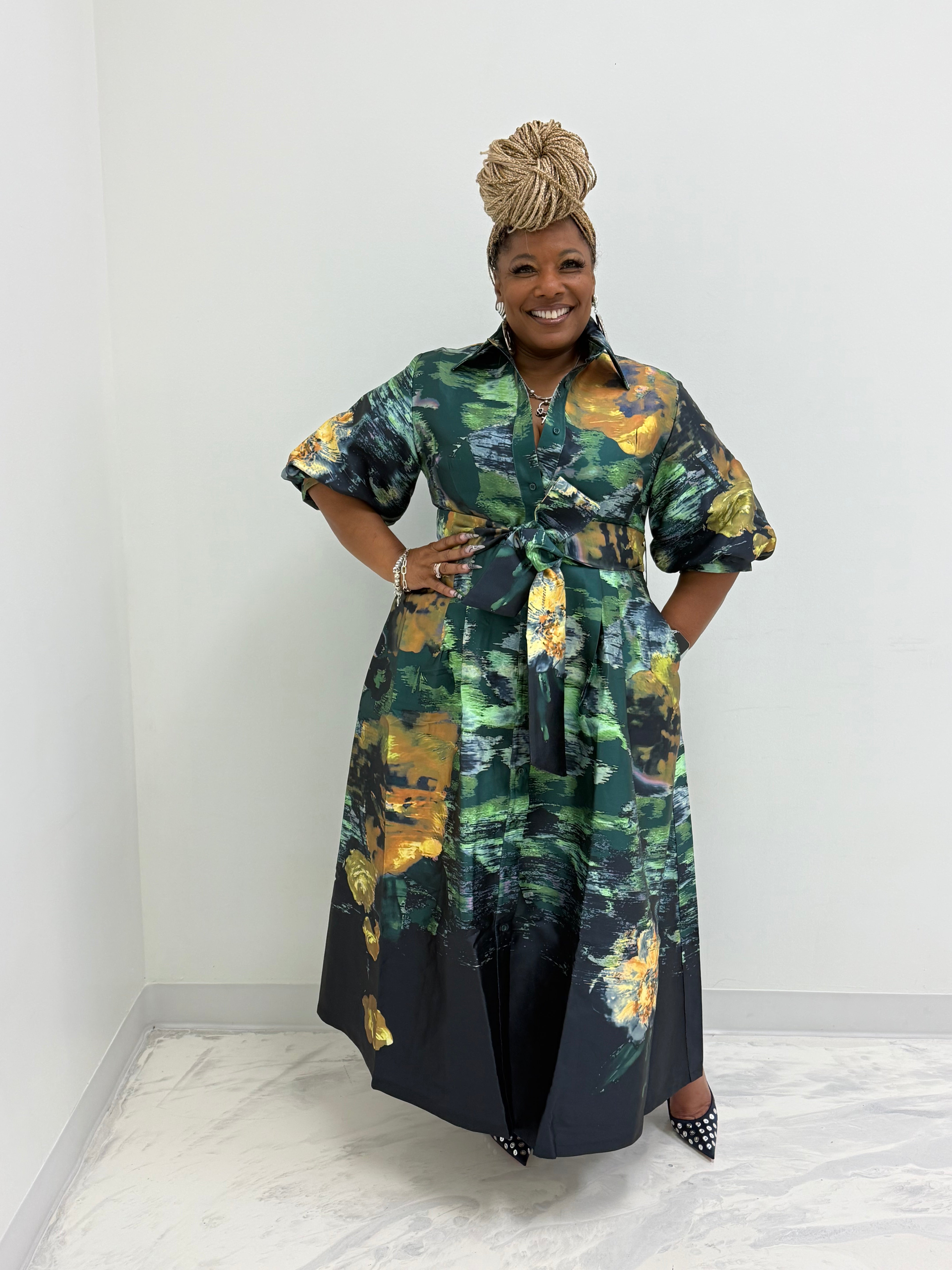 HER Green & Gold Button Down Midi Dress